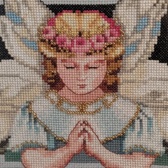 Blue Angel with Roses Cross Stitch Art - Picture 3 of 5